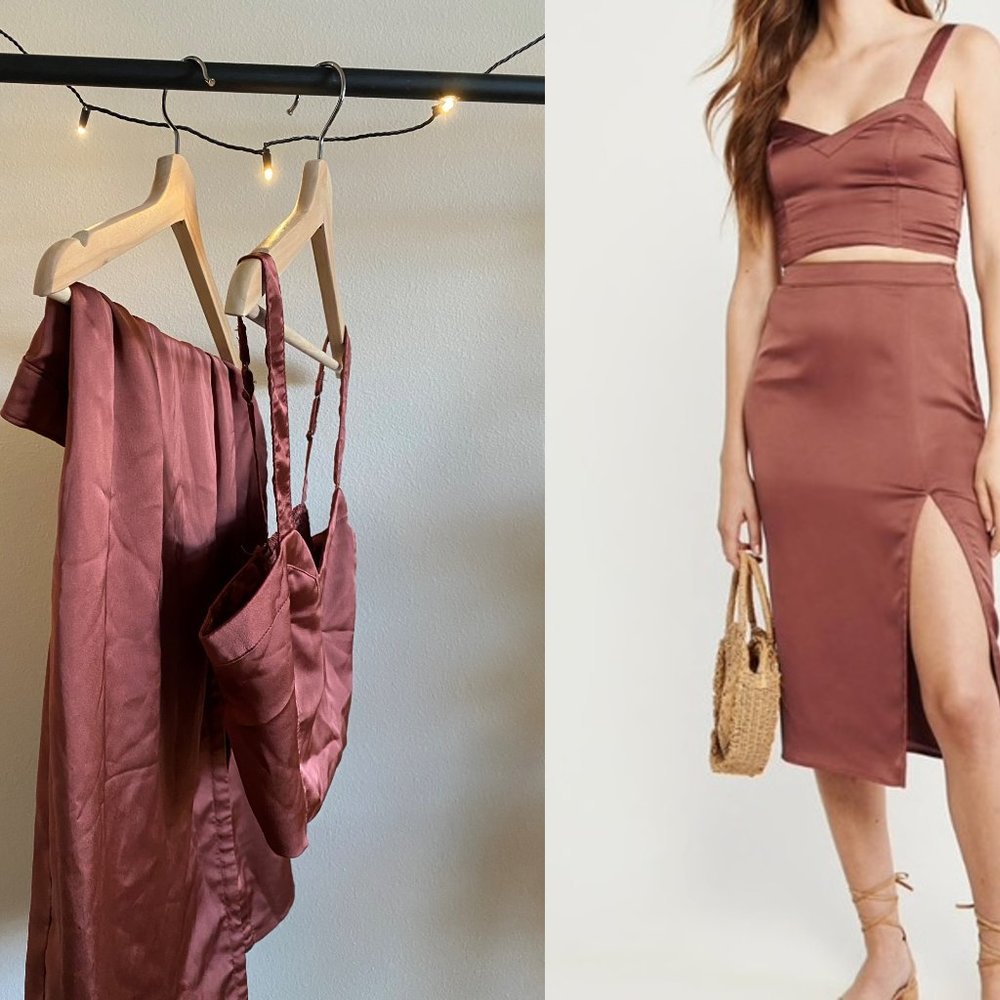 (US 4/S) Abercrombie Women's Satin Tank and Midi Skirt in Terracotta Red